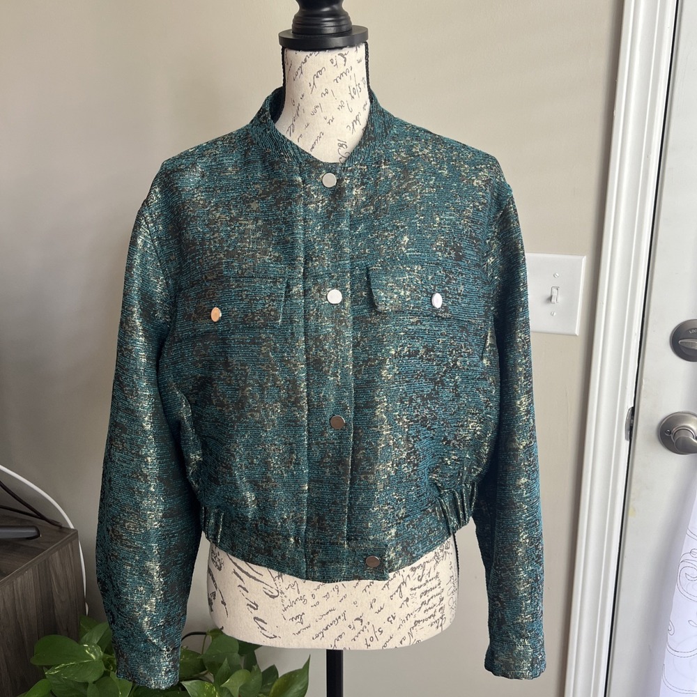 Zara Metallic Thread Textured Jacket Women's Large Green Multi Maximalist